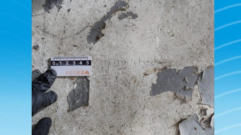 Relevamiento de inscripciones en pared.  Foto: gentileza equipo de arqueología CONICET-UNS
