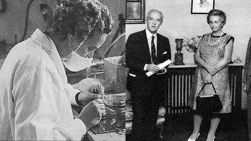 Izq: Sacerdote de Lustig trabajando en cultivo de tejidos en el Instituto de Oncología "Angel H. Roffo" (1953). Der: en la Reunión Anual de la Sociedad Argentina de Investigaciones Clínicas junto a Federico Leloir (1973).